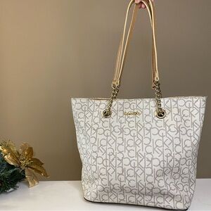 Calvin Klein Tote Shoulder Bag Faux Leather Monogram Pattern Ivory Cream